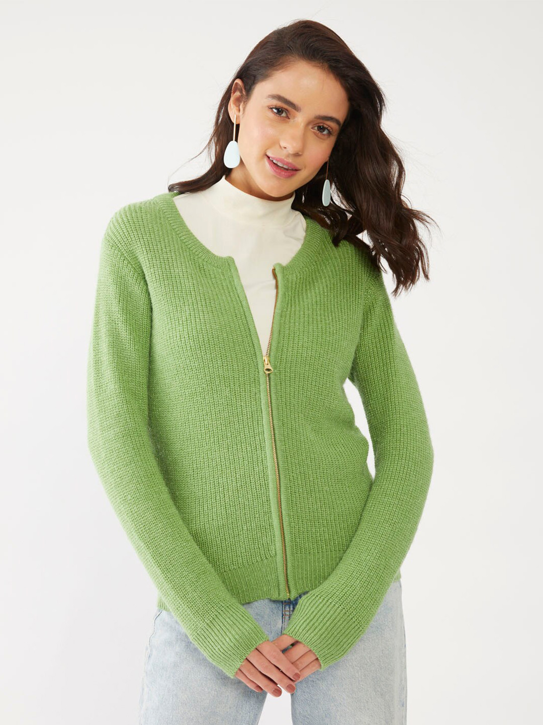 

Zink London Women Lime Green Front-Open Sweater