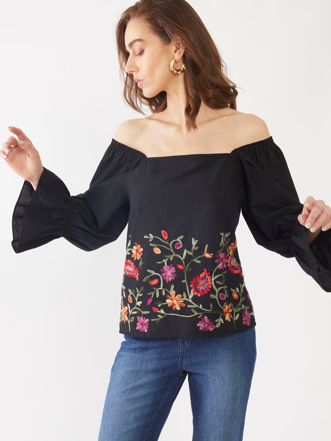 

Zink London Women Black & Red Floral Embroidered Off-Shoulder Cotton Bardot Top