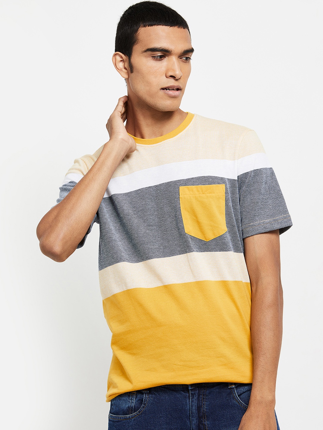 

max Men Yellow & Grey Colourblocked Round Neck Cotton T-shirt