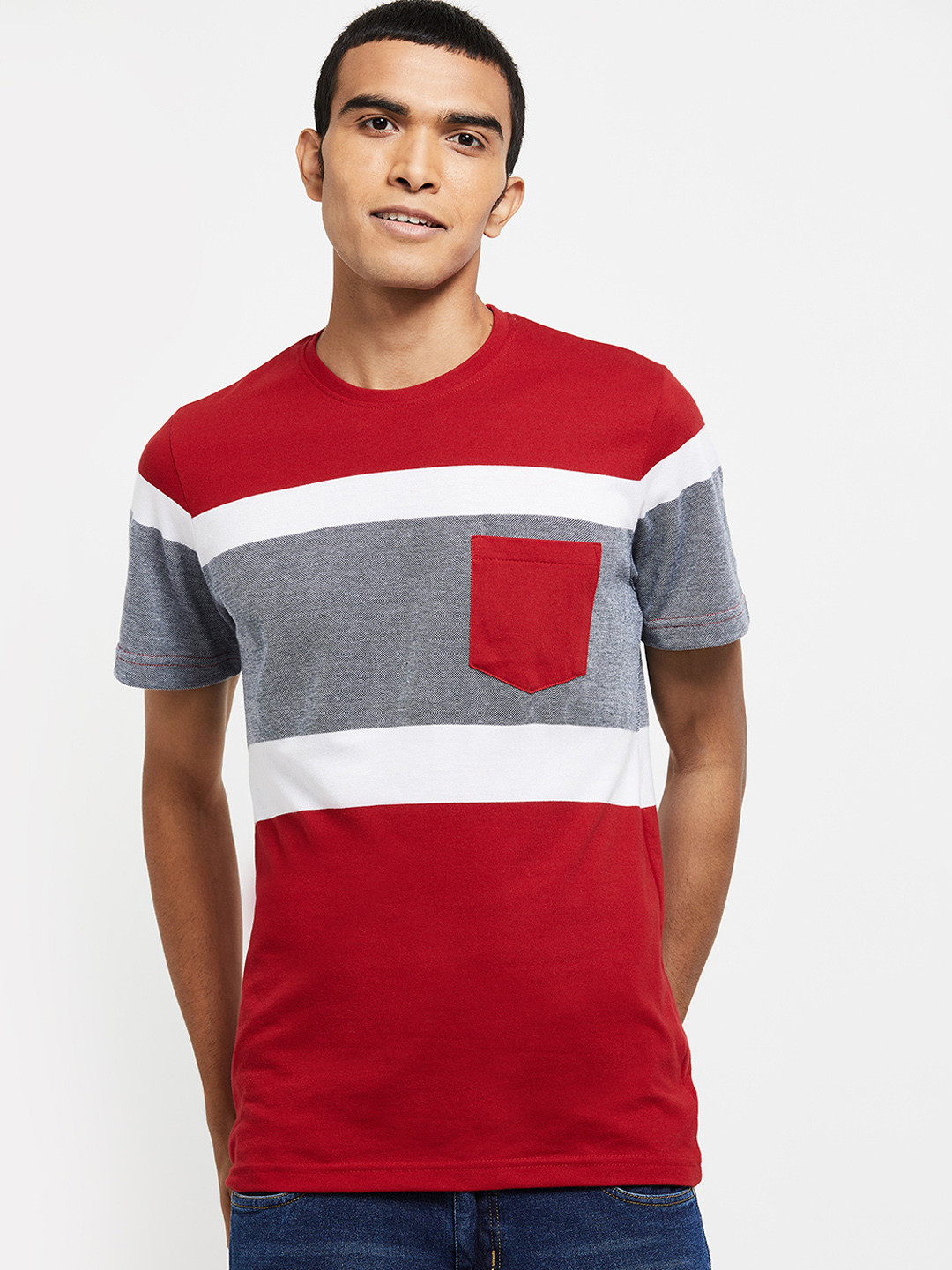 

max Men Red & Grey Colourblocked Round Neck T-shirt With Pocket