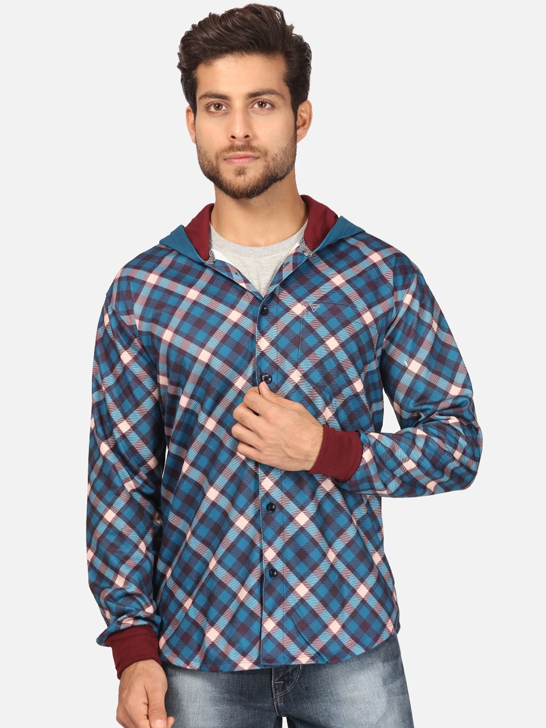 

BULLMER Men Navy Blue & Red Opaque Checked Fleece Hooded Casual Shirt