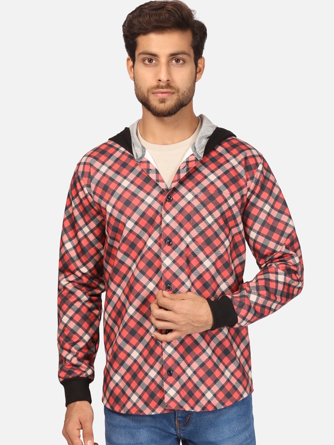

BULLMER Men Maroon & White Opaque Checked Fleece Hooded Casual Shirt