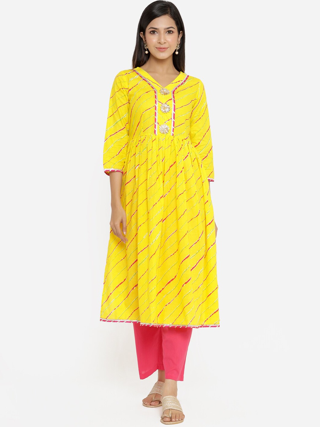 

Aprique FAB Women Yellow And Pink Leheriya A-Line Kurta