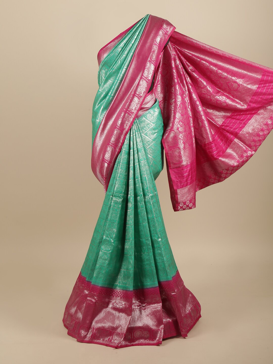 

Pothys Green & Pink Ethnic Motifs Zari Art Silk Banarasi Saree