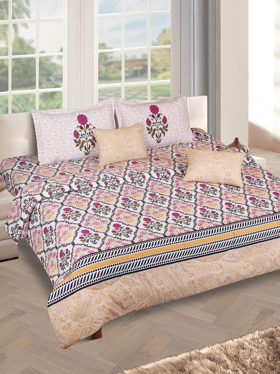 

ROMEE Beige & Pink Floral Printed Cotton Double King Bedding Set