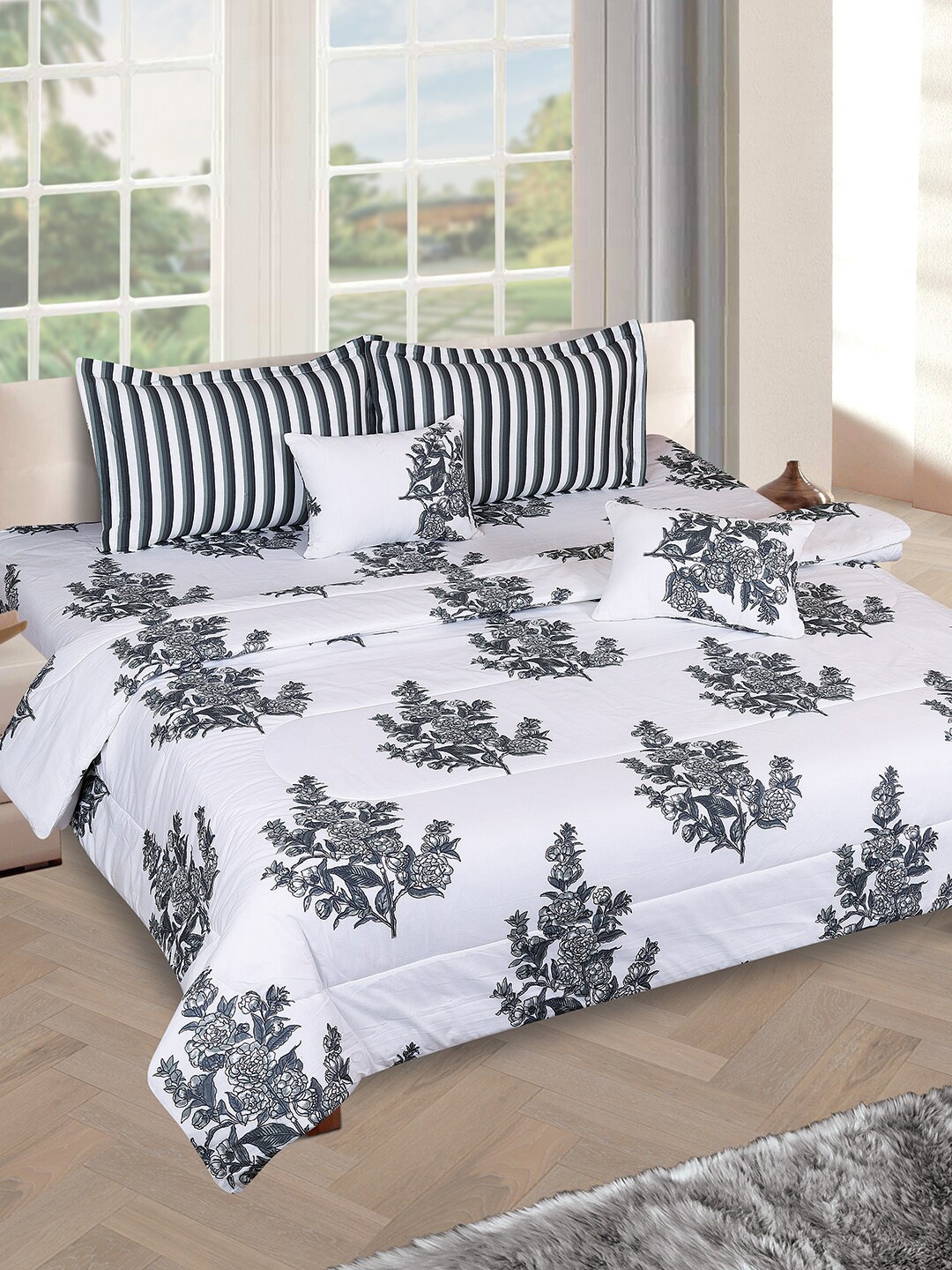 

ROMEE Off-White & Grey Floral Printed Cotton Double King Bedding Set