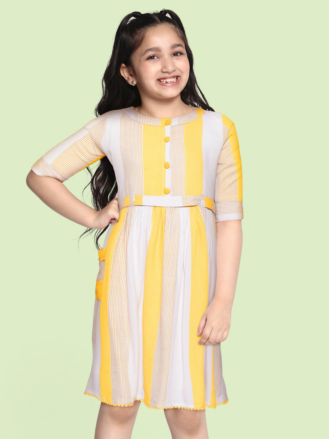 

Bella Moda Girls Yellow & White Striped Dress