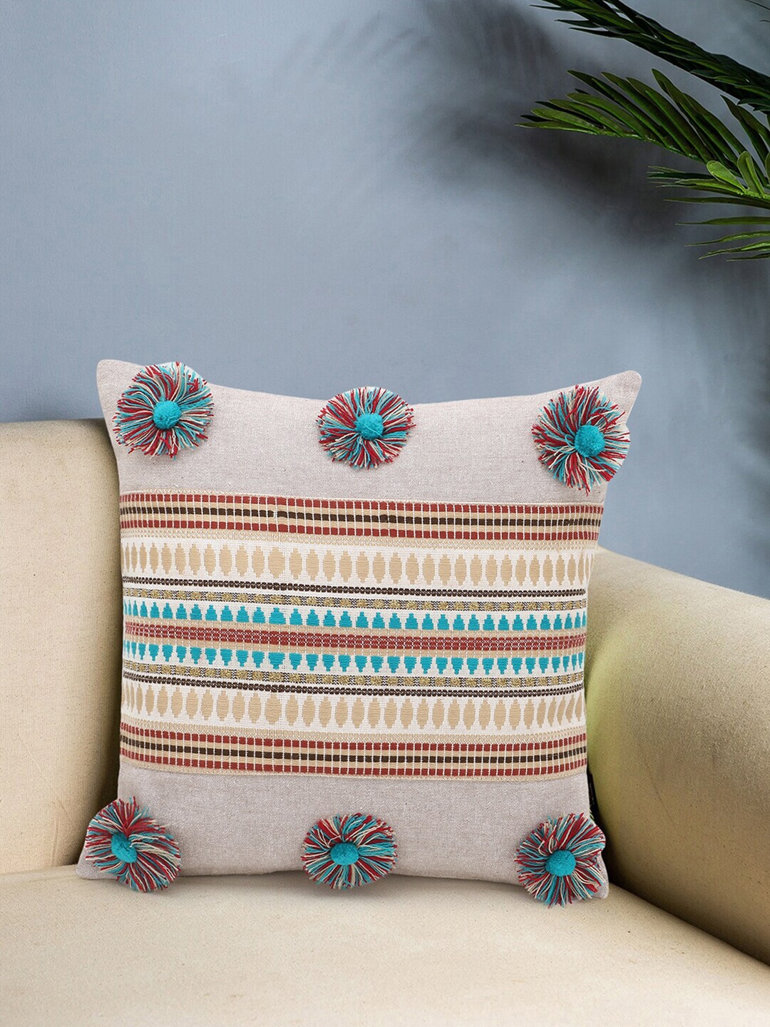 

Mezposh Beige & Multicoloured Striped Chambray & Jacquard Square Cushion Covers