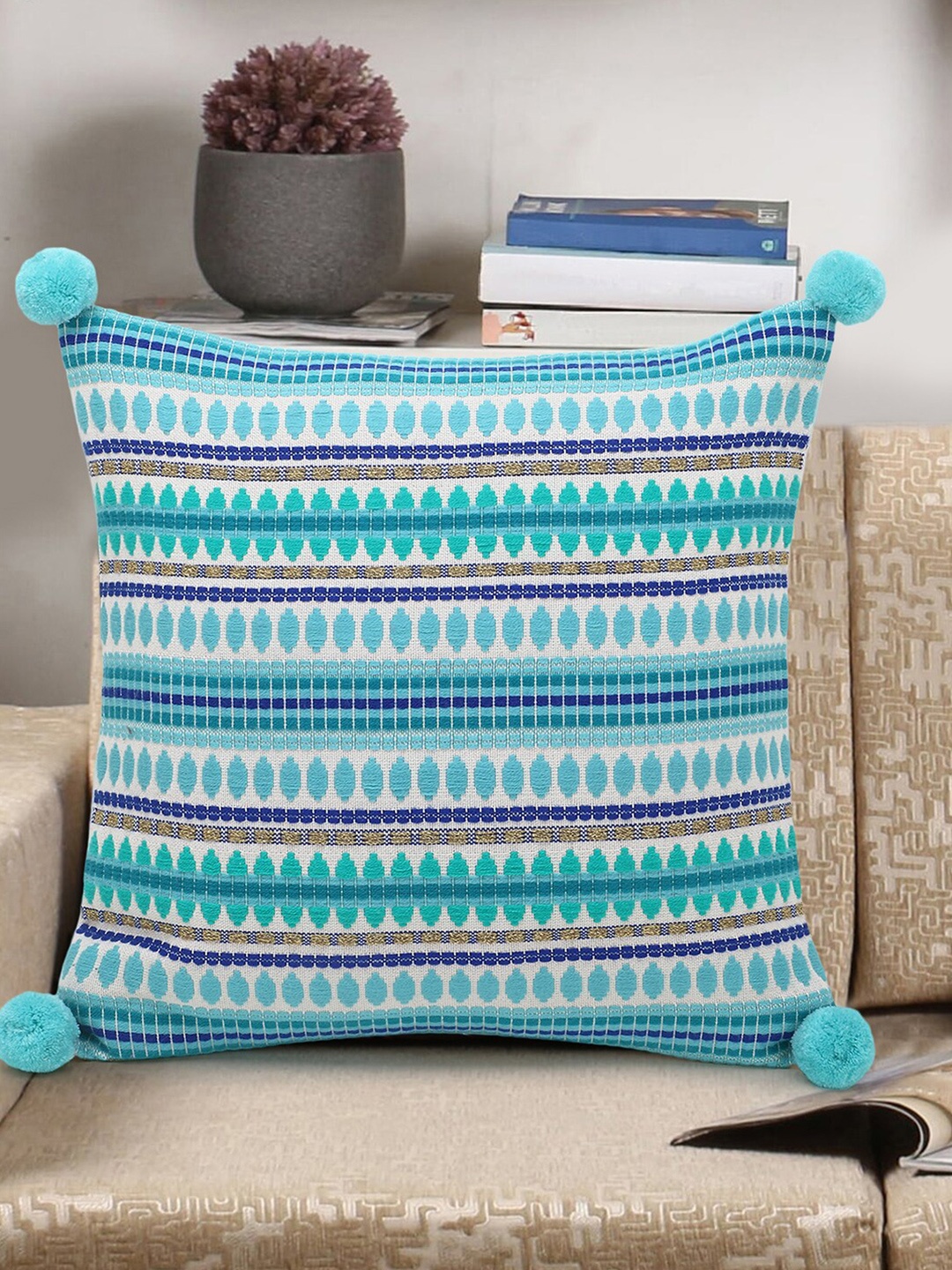 

Mezposh White & Sea Green Striped Square Cushion Covers