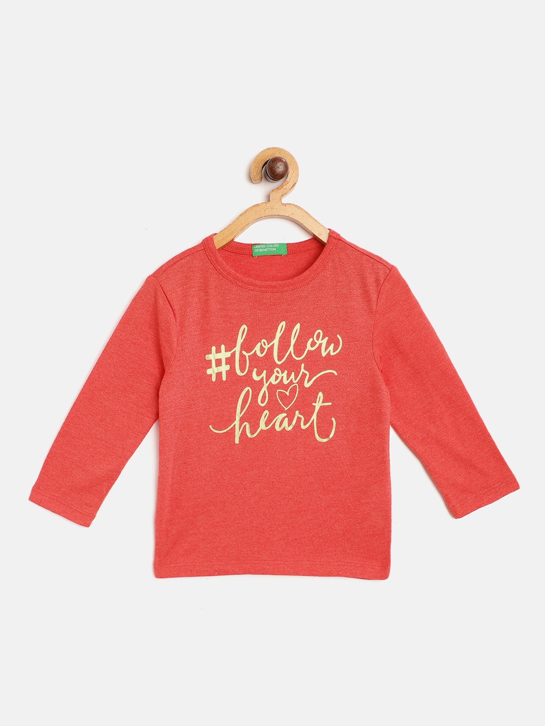 

United Colors of Benetton Girls Coral Red & Golden Typography Printed T-shirt