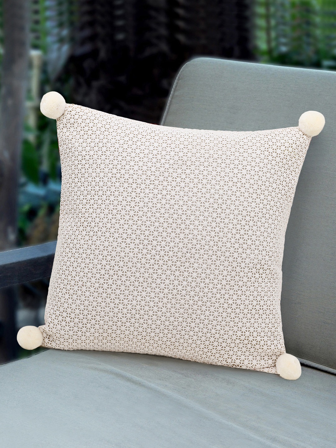 

Mezposh Off White Natural Cotton Textured Cushion Cover with Pompoms