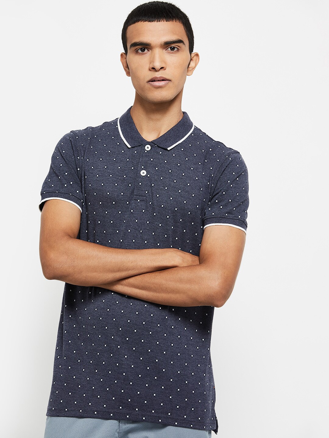 

max Men Blue & White Polka Dots Printed Polo Collar T-shirt