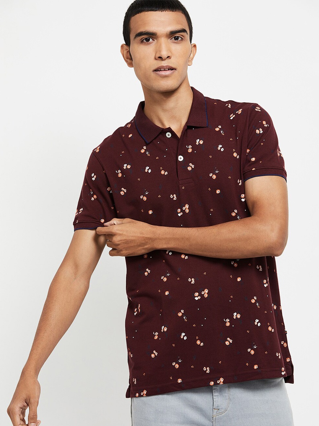 

max Men Maroon & White Printed Polo Collar T-shirt