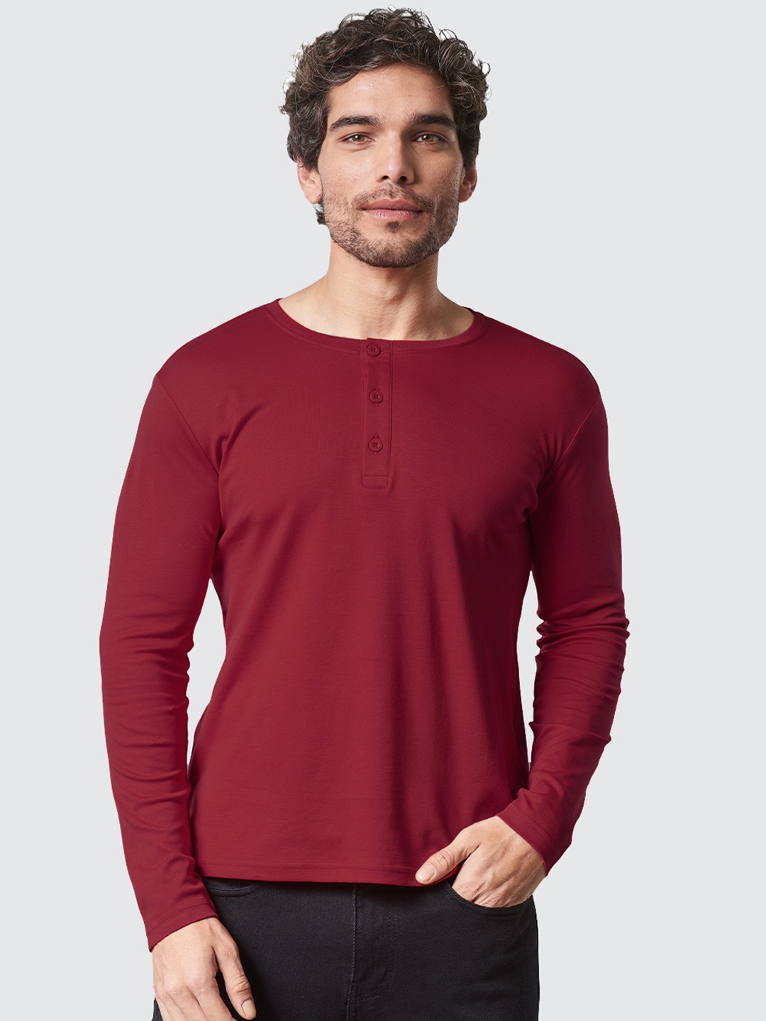 

The Souled Store Men Burgundy Henley Neck T-shirt