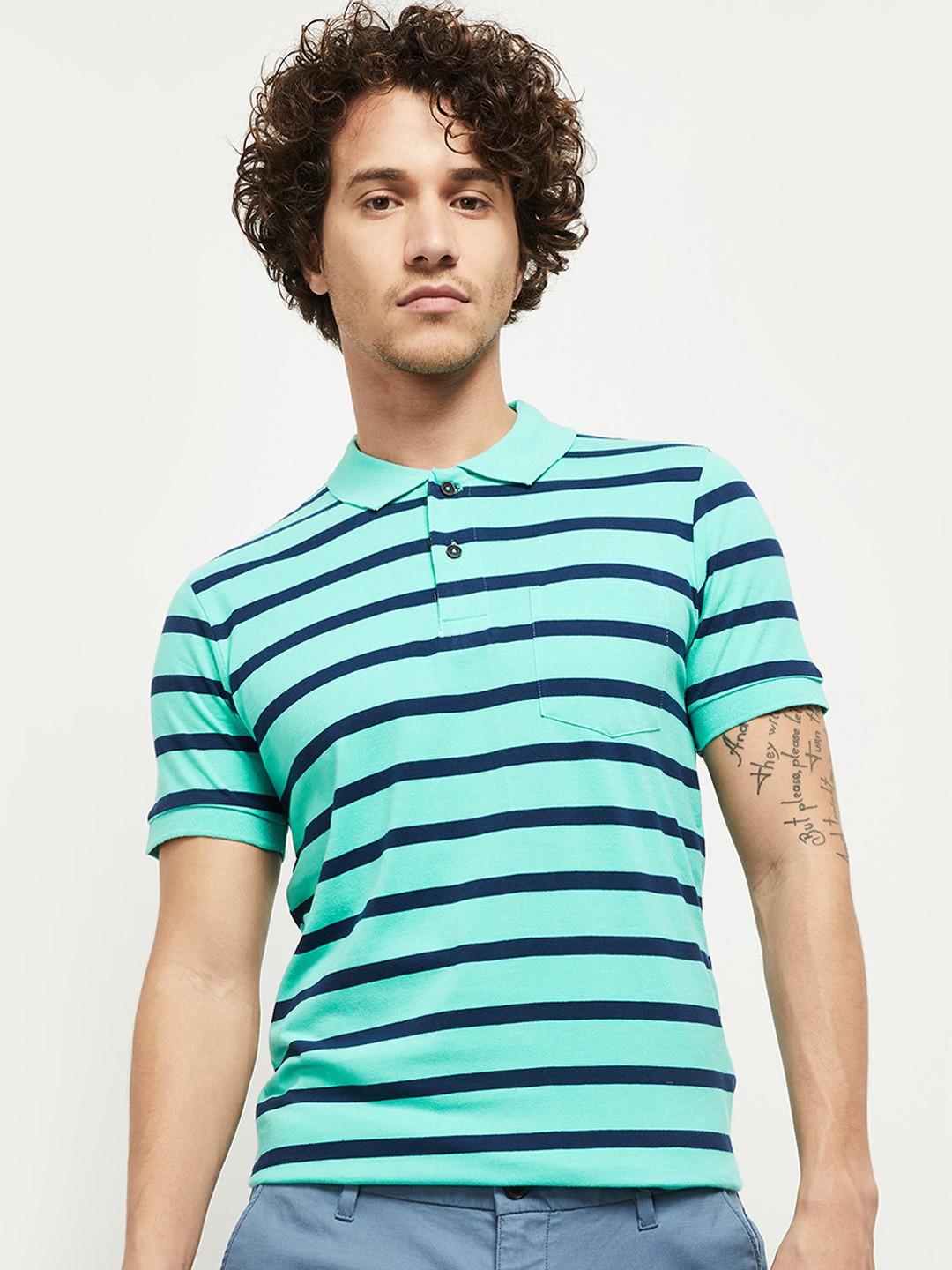 

max Men Green Striped Polo Collar T-shirt