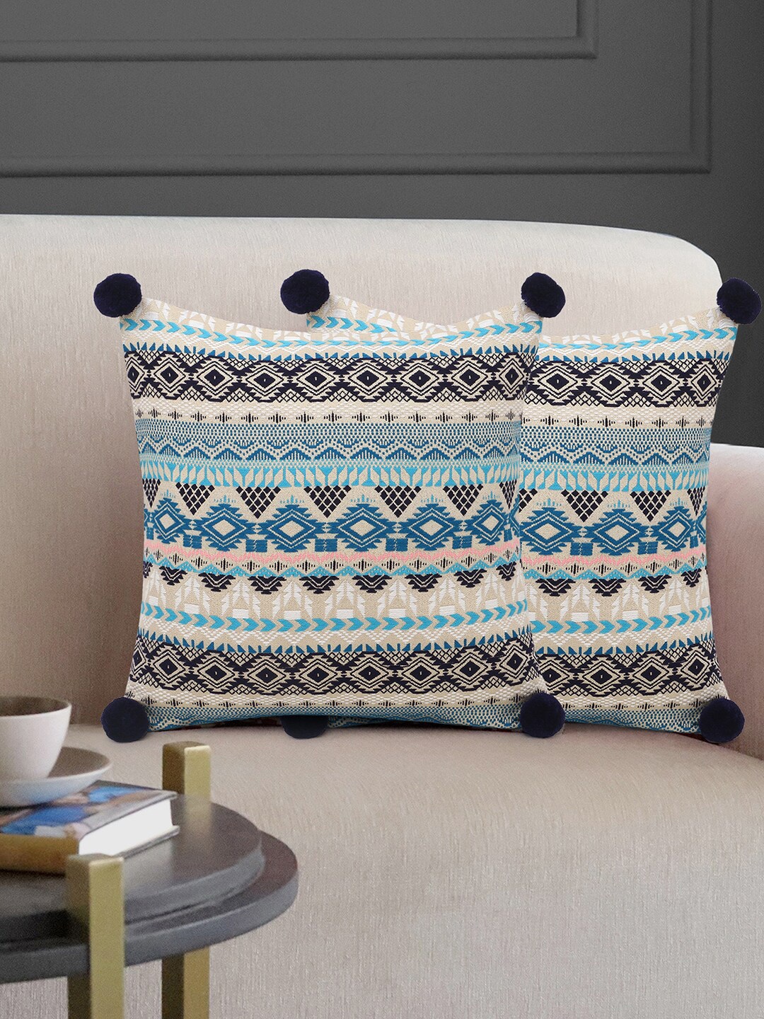 

Mezposh Pack Of 2 Blue & Off White Woven Designed Jacquard Cushion Cover with Pompoms