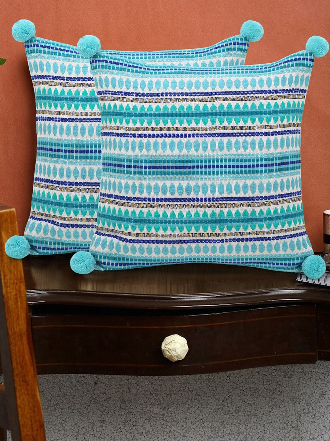 

Mezposh White & Sea Green Set of 2 Striped Square Pompoms Detail Cushion Covers