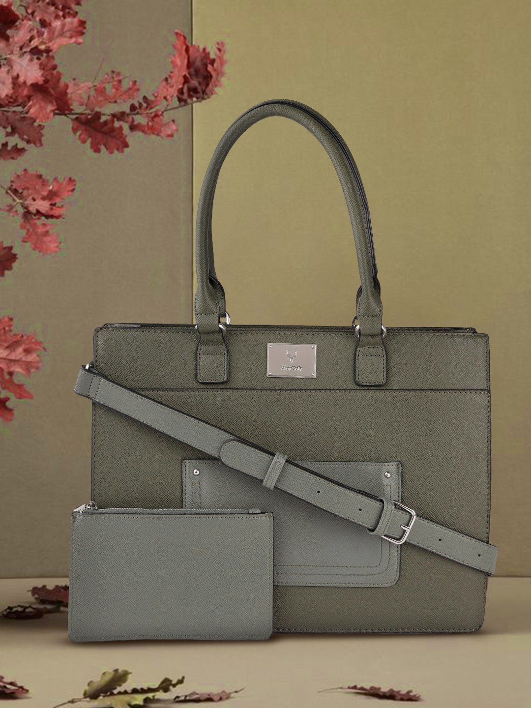 

Allen Solly Olive Green Solid Structured Handheld Bag