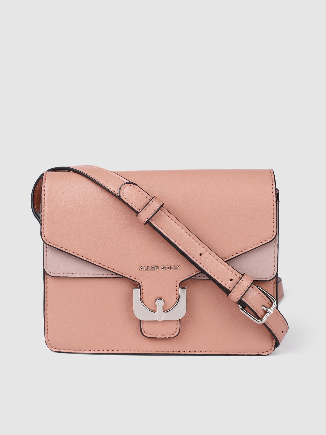 

Allen Solly Peach-Coloured Solid PU Small Structured Sling Bag