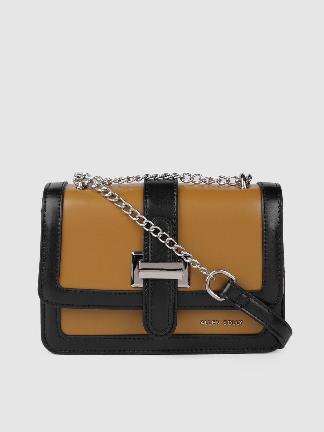 

Allen Solly Black & Tan Solid PU Small Structured Sling Bag with Buckle Detail