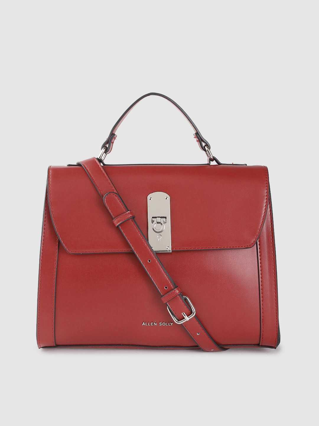 

Allen Solly Red Solid Structured Satchel with Detachable Sling Strap