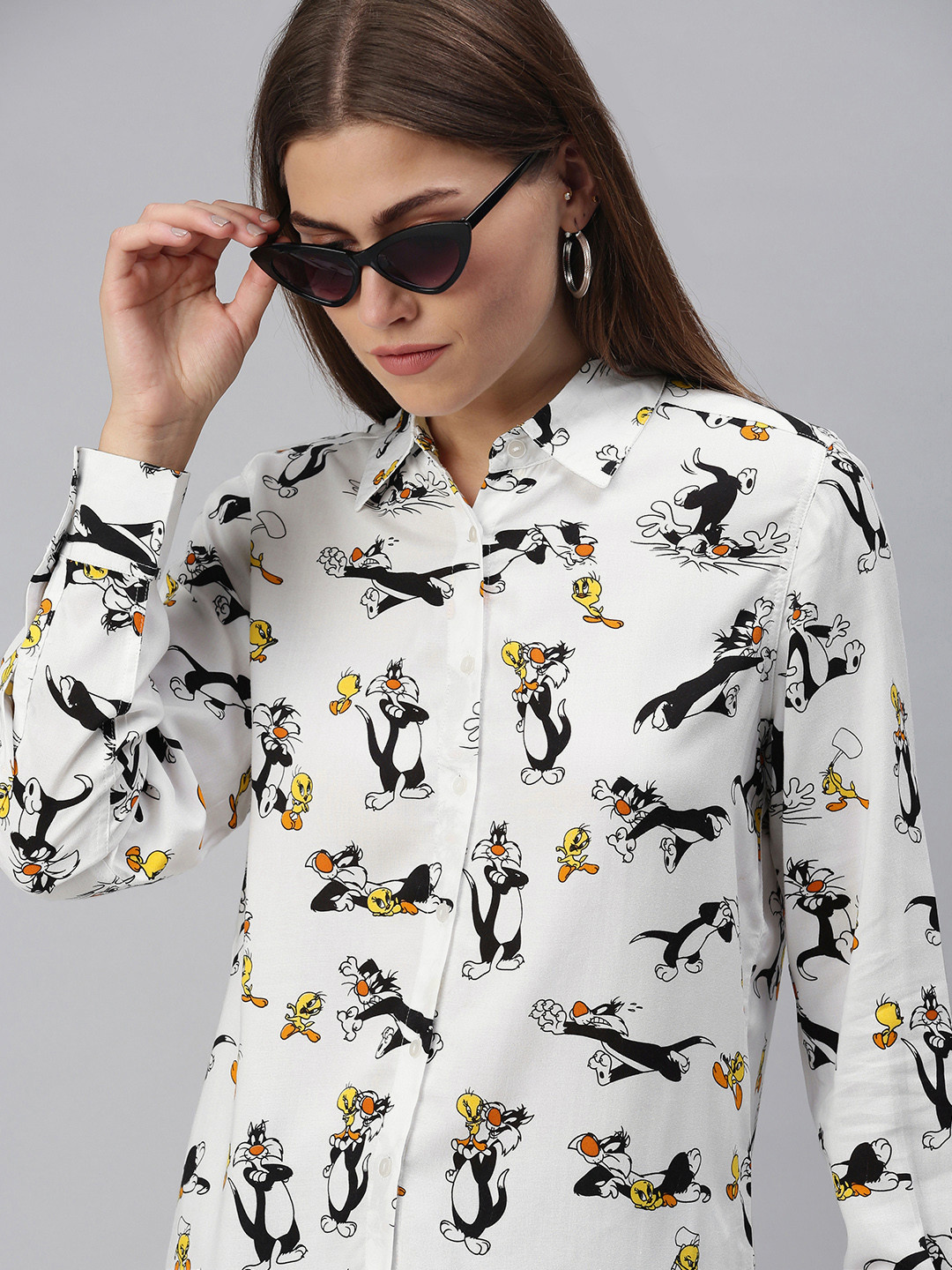 

The Souled Store Women White Opaque Sylvester & Tweety Printed Casual Shirt