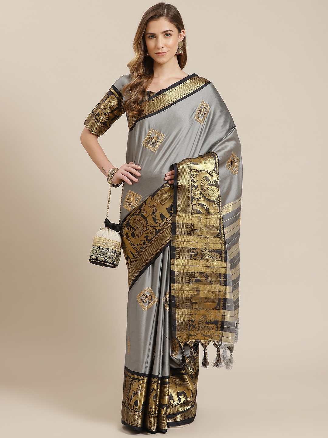 

Mitera Grey & Gold-Toned Zari Embroidered Silk Cotton Saree
