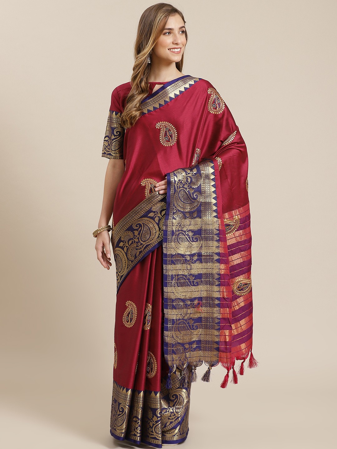 

Mitera Maroon & Blue Printed Cotton Silk Saree