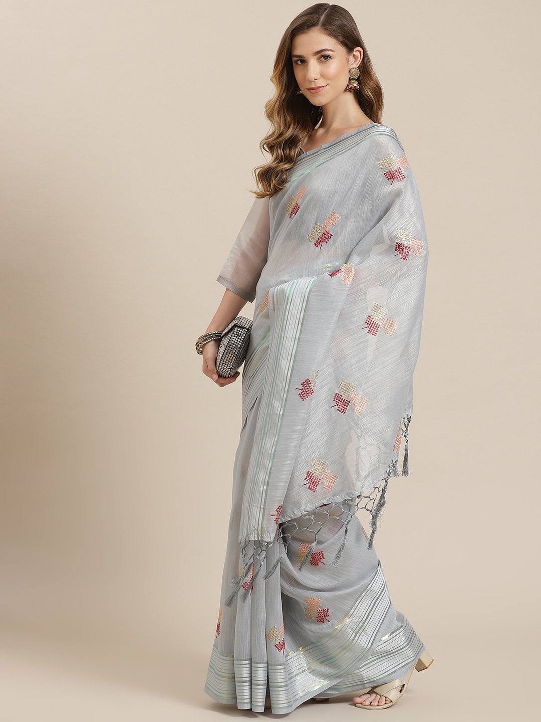 

Mitera Grey Ethnic Motifs Embroidered Saree