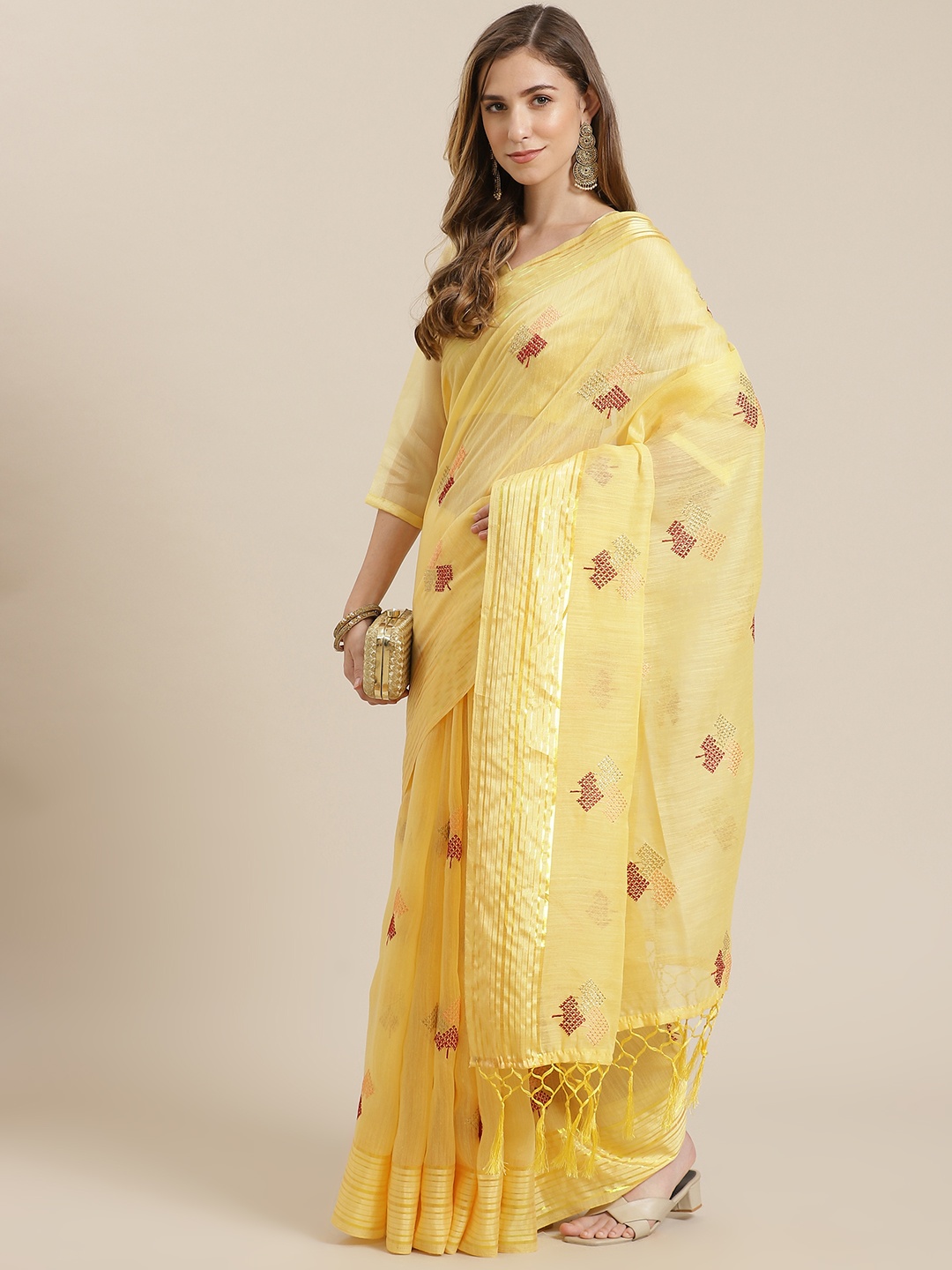 

Mitera Yellow Zari Embroidered Saree