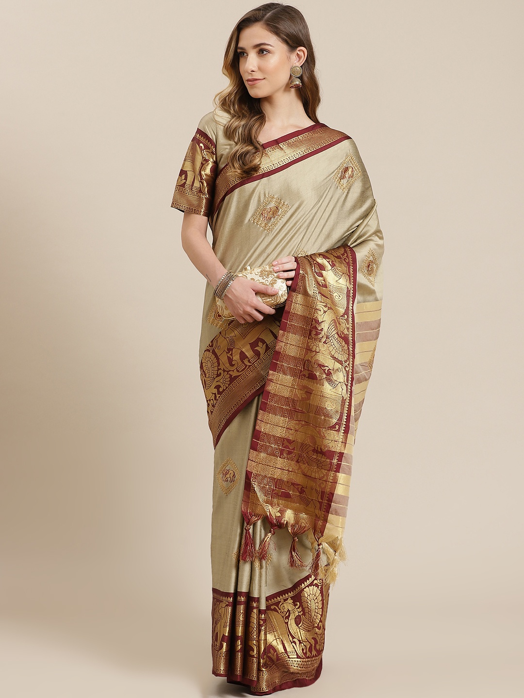 

Mitera Cream-Coloured & Maroon Zari Embroidered Silk Cotton Saree