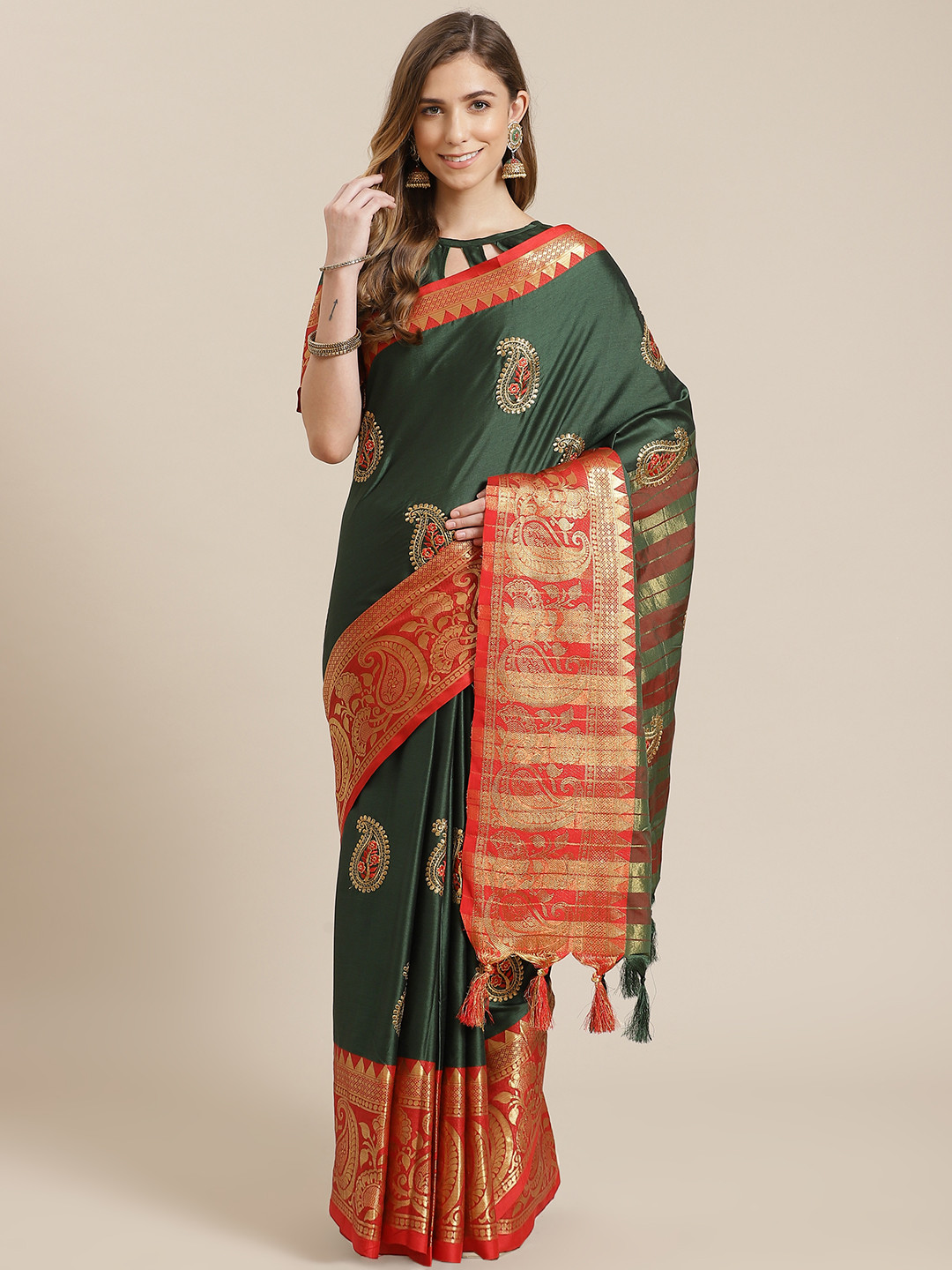 

Mitera Green & Orange Printed Silk Cotton Saree