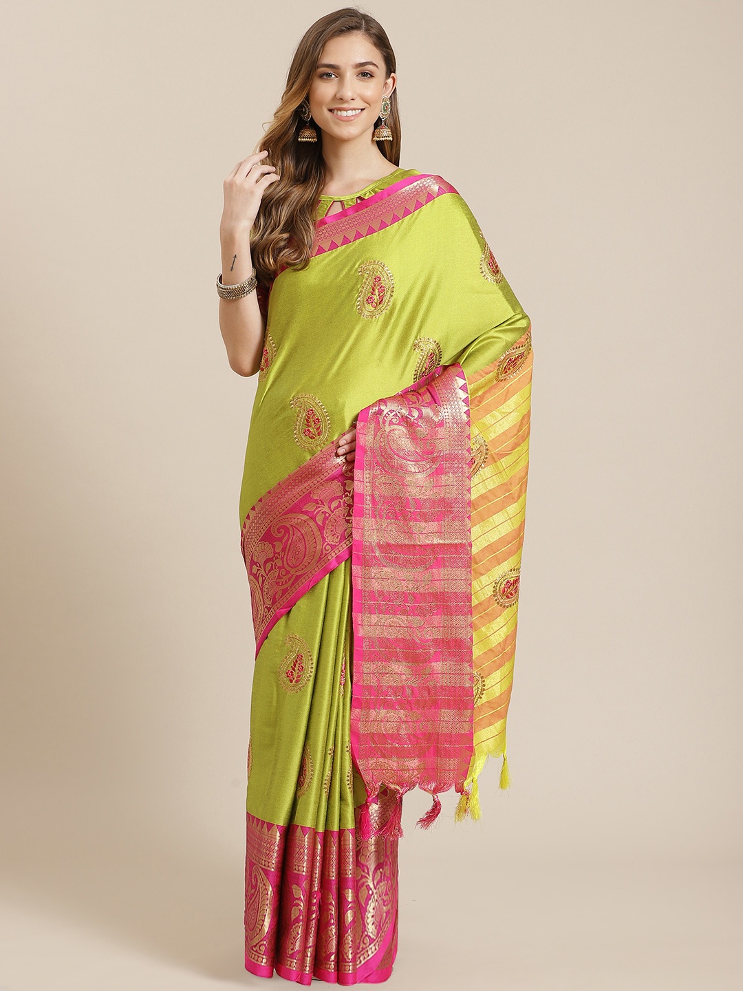 

Mitera Lime Green & Pink Paisley Embroidered Silk Cotton Saree