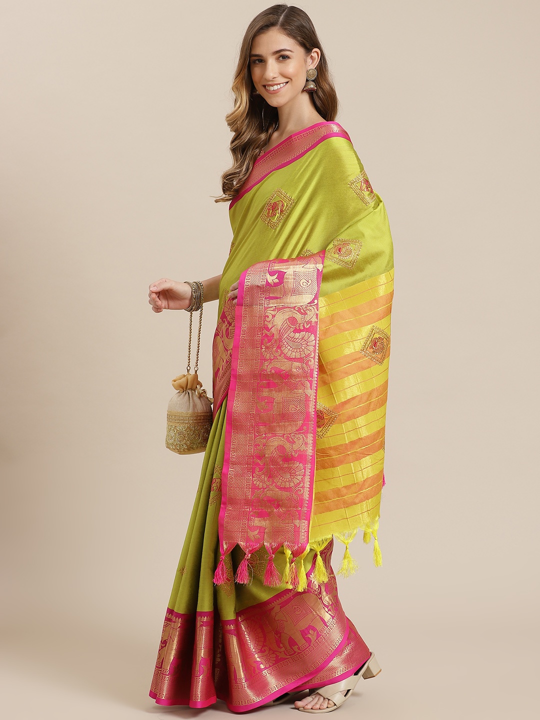

Mitera Lime Green & Pink Printed Silk Cotton Saree