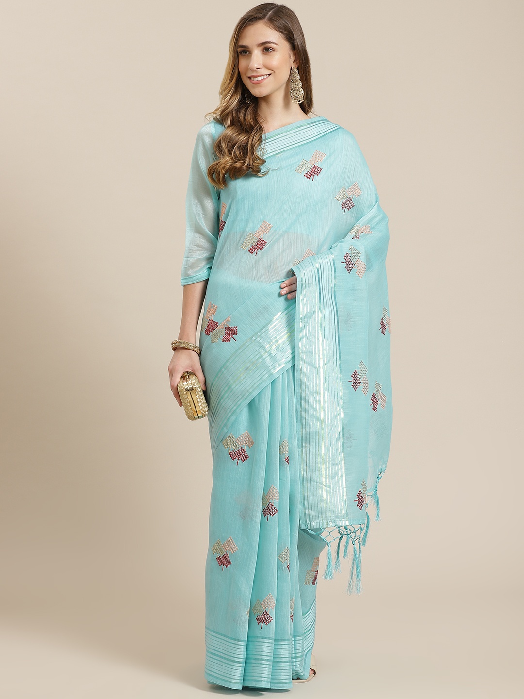 

Mitera Turquoise Blue Ethnic Motifs Embroidered Saree