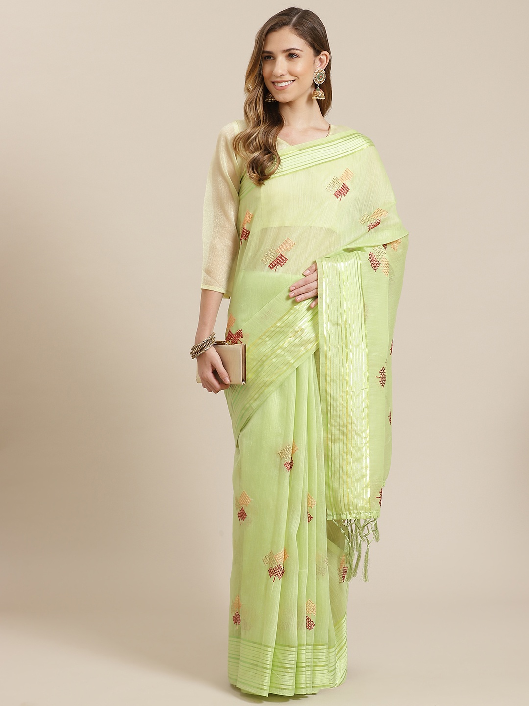

Mitera Lime Green Embroidered Saree With Zari Border