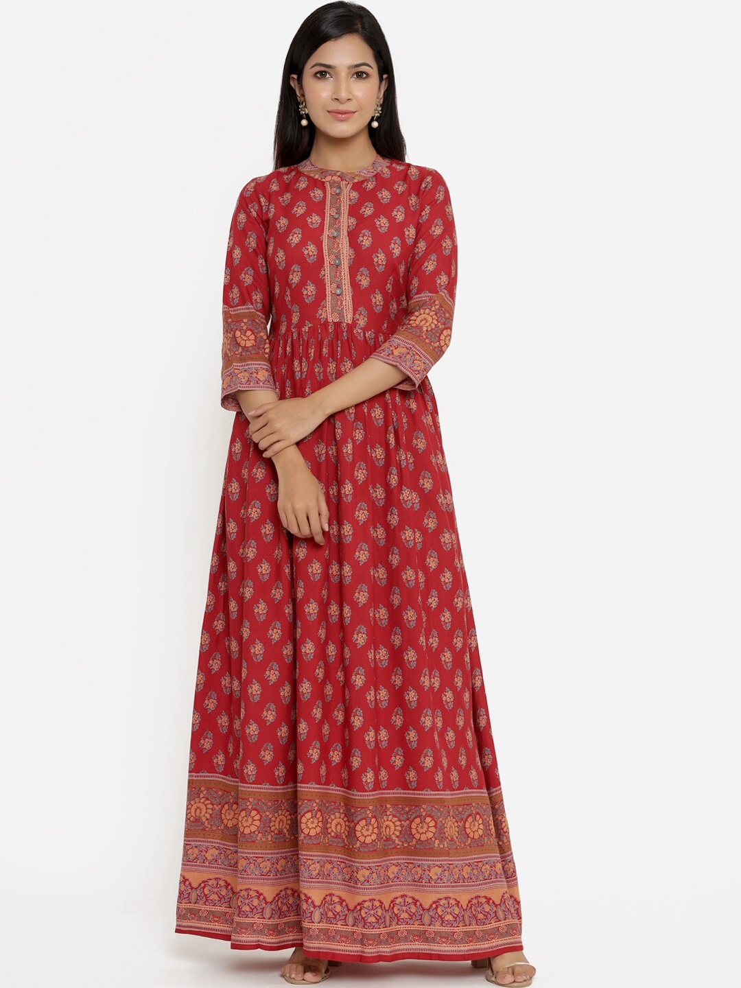 

Aprique FAB Women Maroon & Coral Floral Printed Anarkali Viscose Rayon Kurta