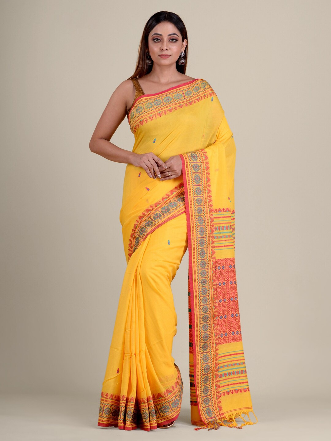 

Mitera Yellow & Red Handwoven Pure Cotton Designer Saree