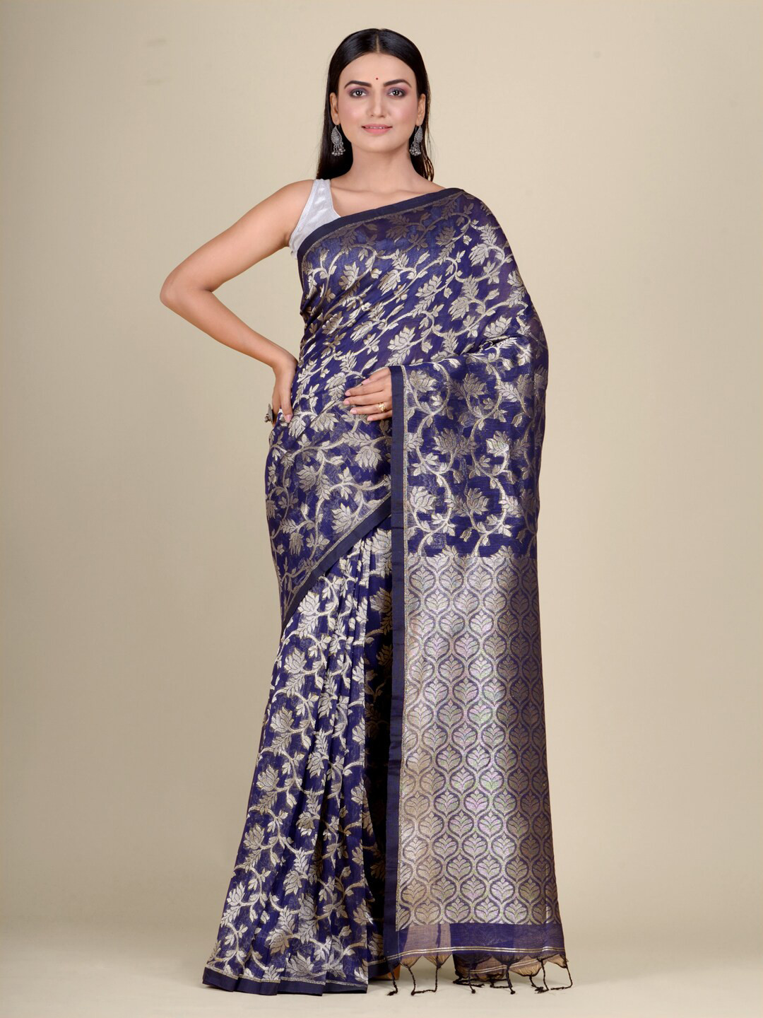 

Mitera Navy Blue & Silver-Toned Woven Design Zari Pure Linen Saree