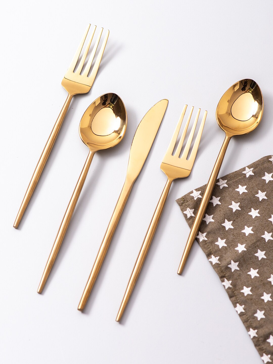 

nestroots Set Of 5 Gold-Toned Stainless Steel Glossy Cutlery Set