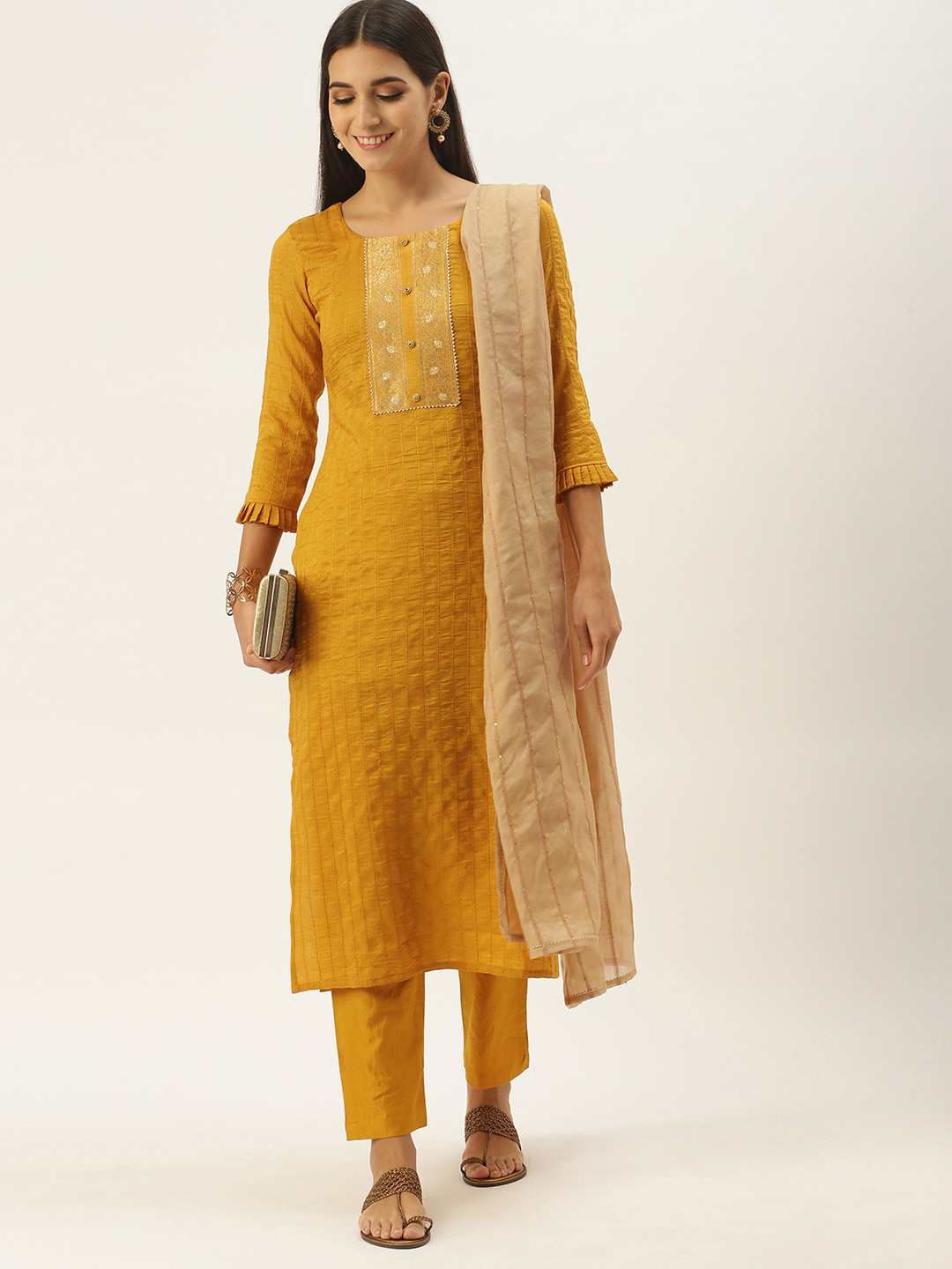 

SheWill Yellow Embroidered Unstitched Dress Material