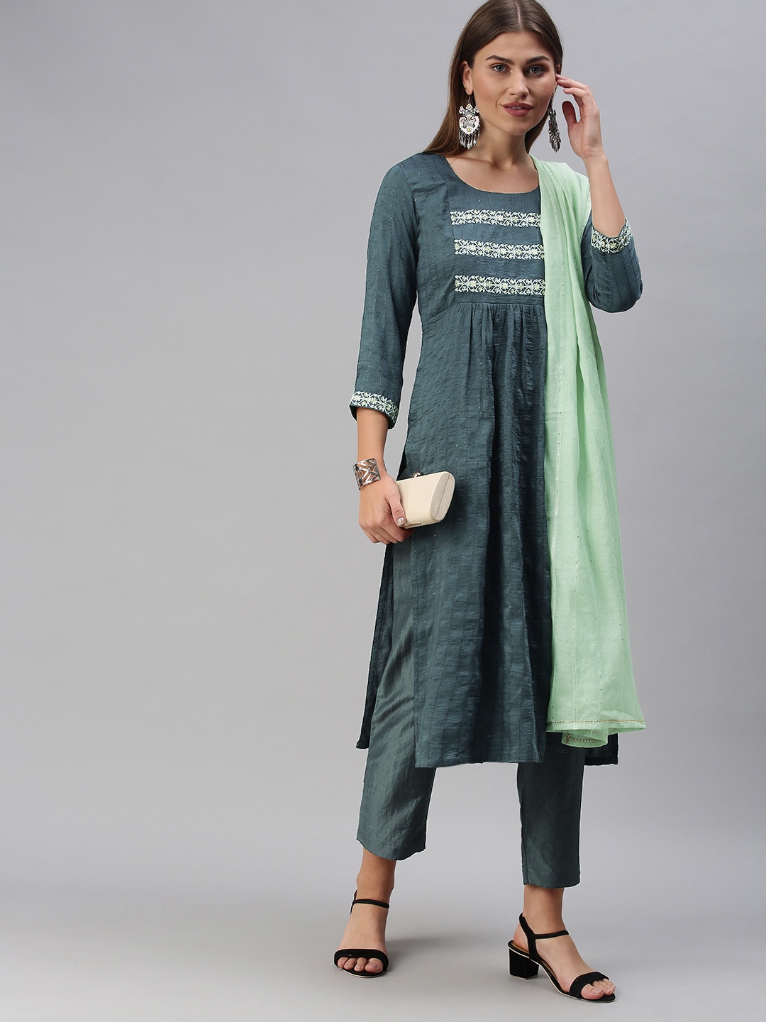 

SheWill Women Grey Embroidered & Sequence Chanderi Silk Kurta with Trousers & Dupatta