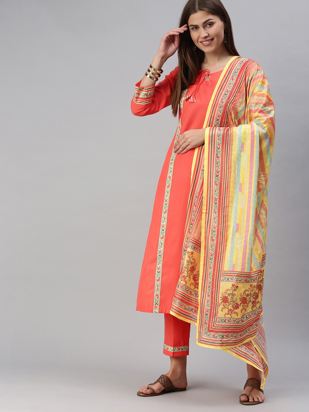 

SheWill Women Orange Printed Regular Kurta with Trousers & With Dupatta