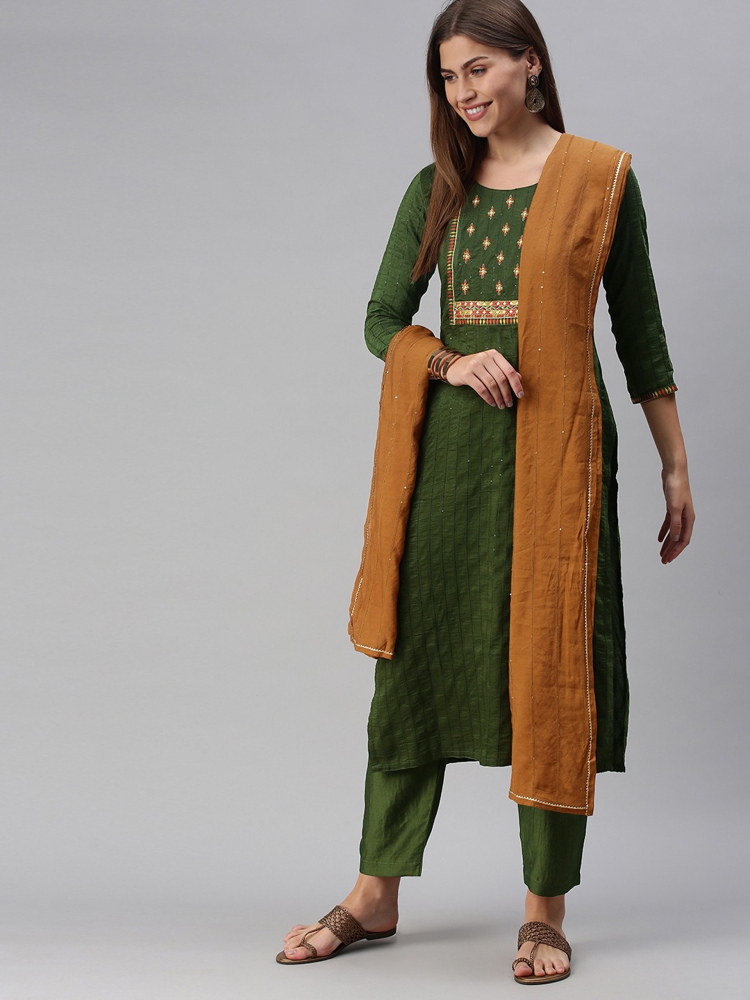 

SheWill Women Olive Green Embroidered Sequence Chanderi Silk Kurta with Trousers & Dupatta