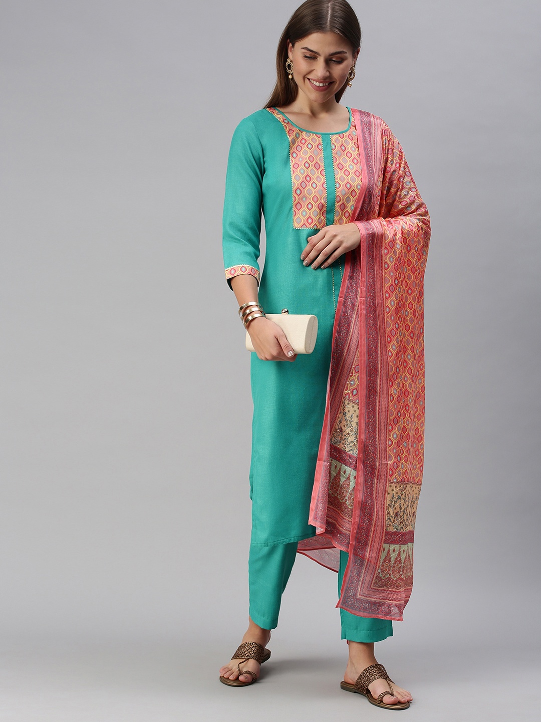 

SheWill Women Turquoise Blue Printed Regular Kurta with Trousers & With Dupatta