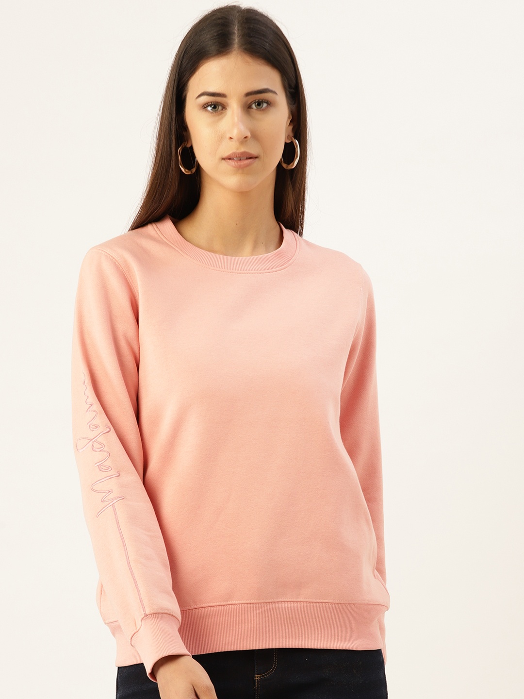 

Madame Women Peach-Coloured Solid Sweatshirt