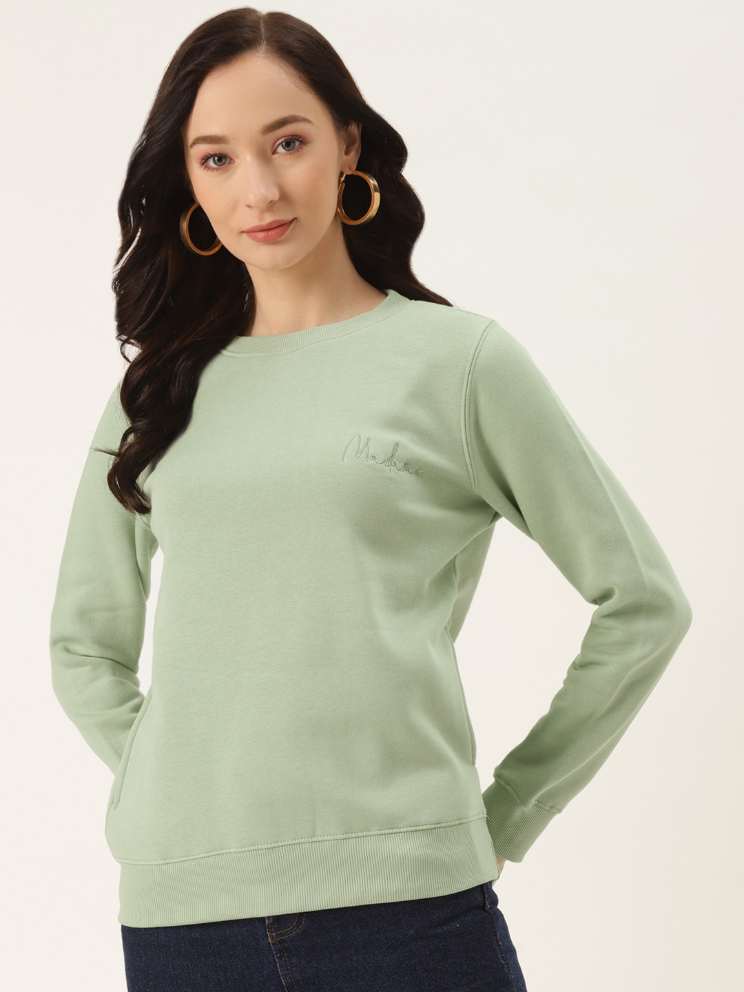 

Madame Women Sea Green Solid Sweatshirt With Embroidered Detail