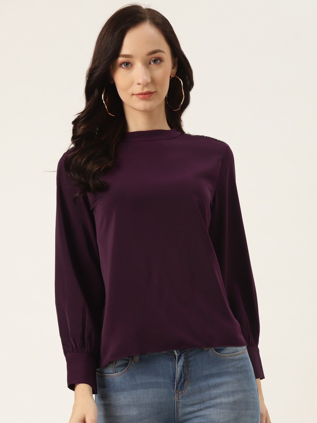 

Madame Women Burgundy Solid Studded Regular Top