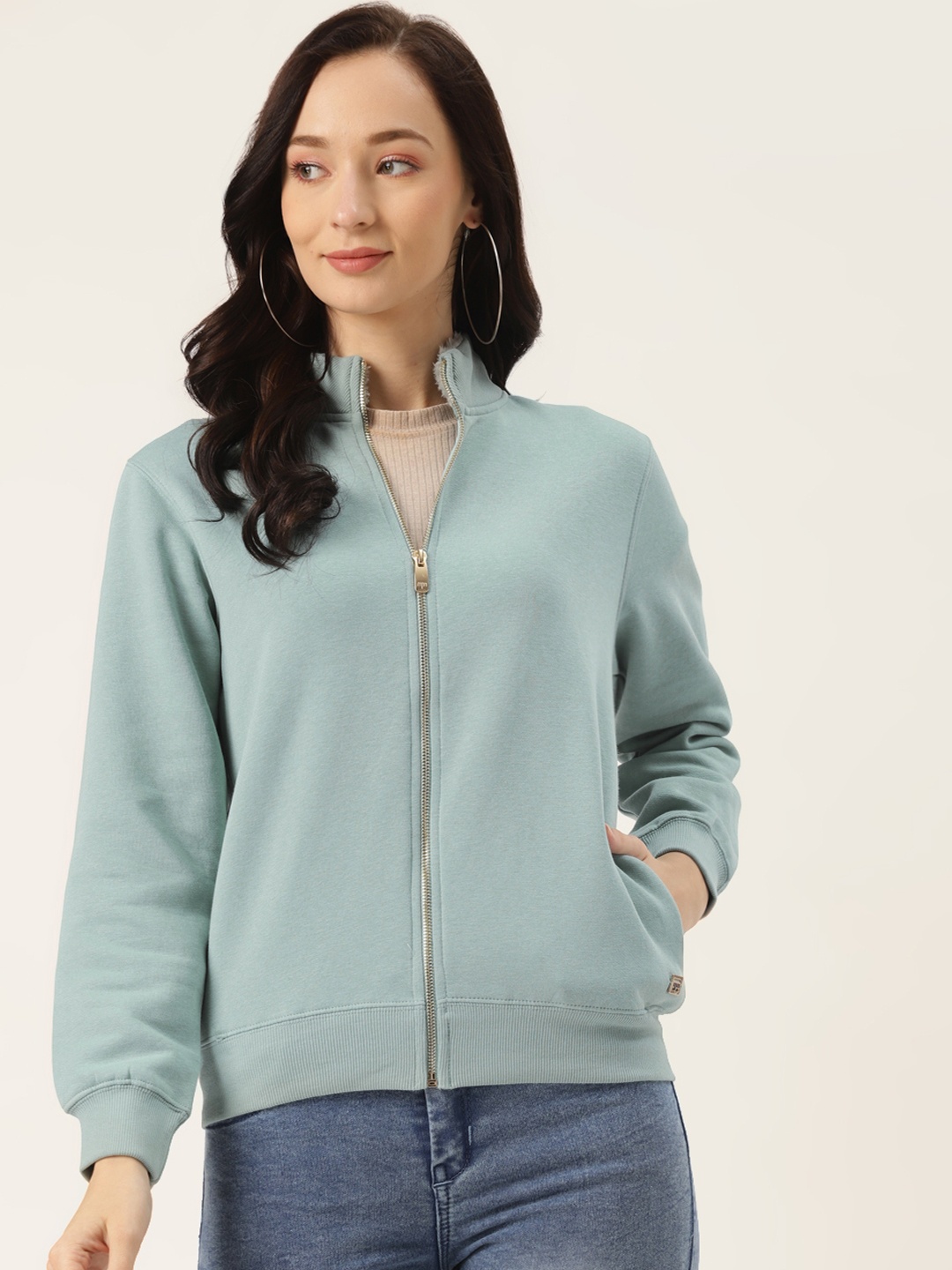 

Madame Women Sea Green Solid Front-Open Sweatshirt