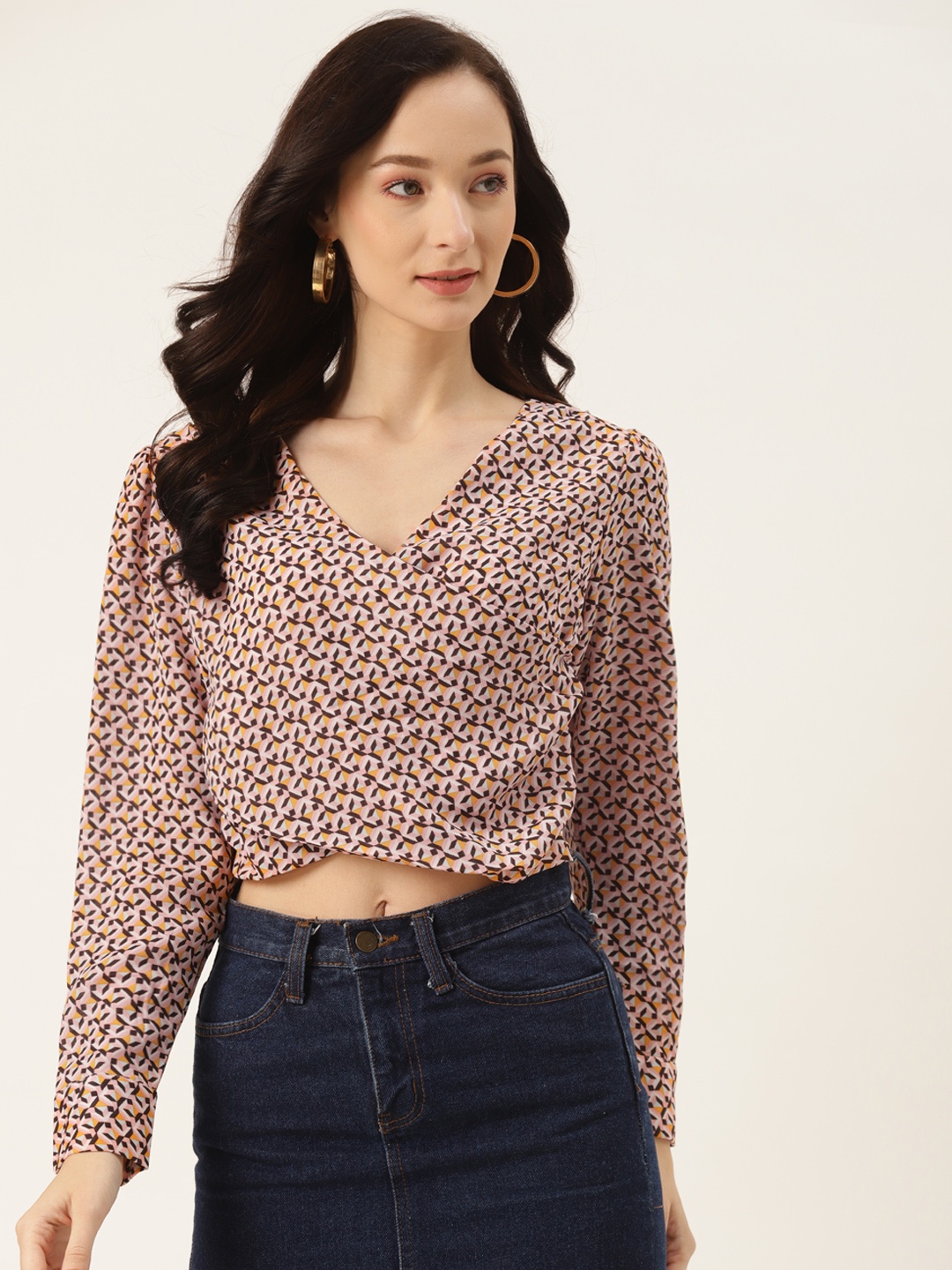 

Madame Pink & Black Geometric Layered Wrap Crop Top